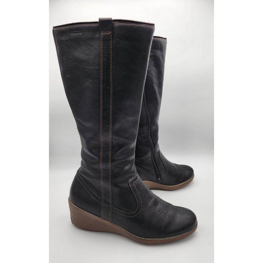 ECCO women's boots Size 39(8,5) wedge tall brown Leather autumn winter